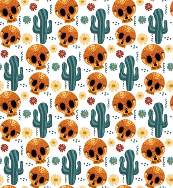 Kusursuz bir şekilde öldüğü gün. Dia de los Muertos el çizimi tekrarlanan doku. Şeker kafatasları arka plan duvar kağıdı ya da kağıt ile Meksika bayramı Cadılar Bayramı. Vektör illüstrasyonu
