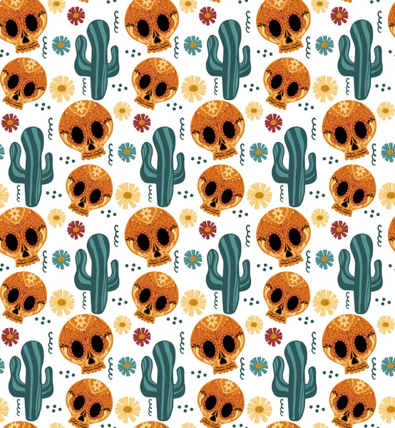 Kusursuz bir şekilde öldüğü gün. Dia de los Muertos el çizimi tekrarlanan doku. Şeker kafatasları arka plan duvar kağıdı ya da kağıt ile Meksika bayramı Cadılar Bayramı. Vektör illüstrasyonu