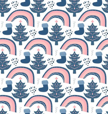 Kış boho hippi tarzında kusursuz desen. Noel ağacı tekrar eden doku, arka plan. Vektör illüstrasyonu