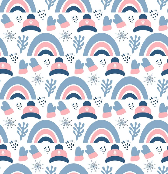 Patrón sin costuras de Navidad con manoplas, sombreros, ramas y copos de nieve. Perfecto para papel pintado, papel de regalo, relleno de patrones, textiles, tarjetas de felicitación de Navidad y Año Nuevo — Archivo Imágenes Vectoriales