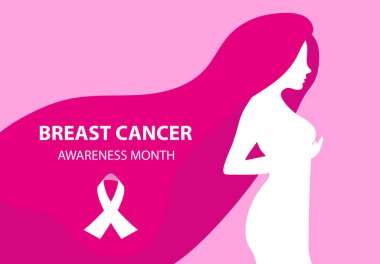 Meme Kanseri Farkındalığı Ayı. Siluetteki kadın tasarım posterin için göğüslerini kontrol ediyor, afiş. Vektör illüstrasyonu