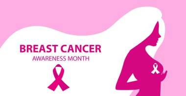 Meme Kanseri Farkındalığı Ayı. Siluetteki kadın tasarım posterin için göğüslerini kontrol ediyor, afiş. Vektör illüstrasyonu