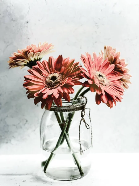 Букет красивих квітів гербери в скляній вазі . — стокове фото