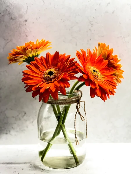 Букет красивих квітів гербери в скляній вазі . — стокове фото