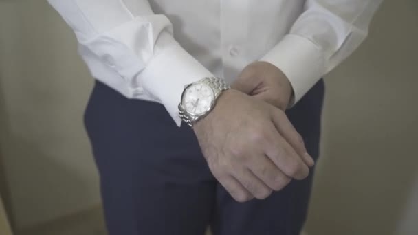 Groom Wearing White Shirt Dark Blue Pants Prepare Himself Fix — Stock Video