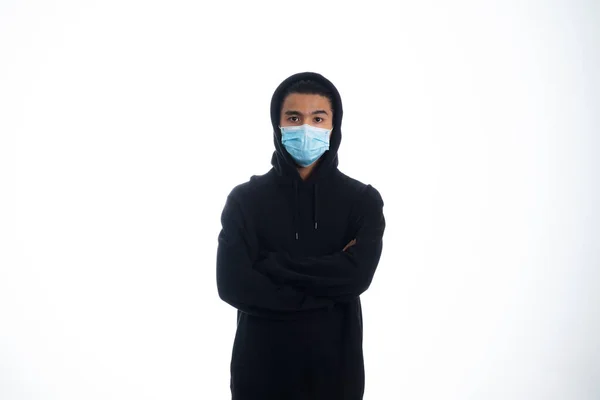 Concept Santé Pandémie Sécurité Jeune Homme Asiatique Portant Masque Médical — Photo