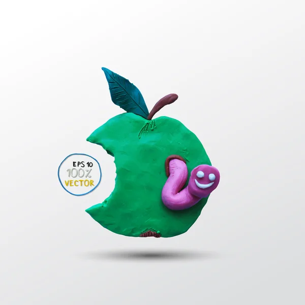 Divertido gusano de plastilina en la manzana — Vector de stock