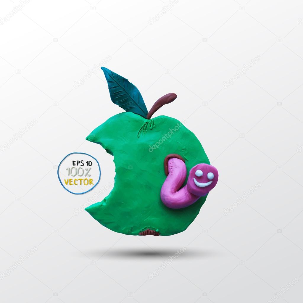 Funny plasticine worm in the apple