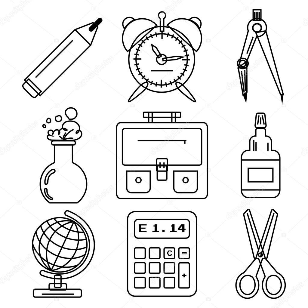 Set of black ink icons with stationery and school goods for use in logo or web design. Can be used for back to school design and stationery stores. Modern vector illustration for web stores or mobile apps. Part 1.