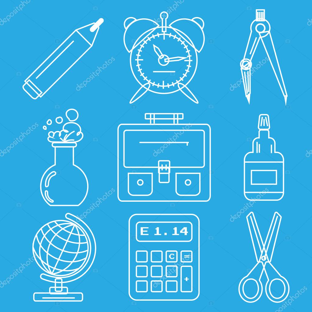 Set of white chalk icons with stationery and school goods for use in logo or web design. Can be used for back to school design and stationery stores. Modern vector illustration for web stores or mobile apps. Part 1.