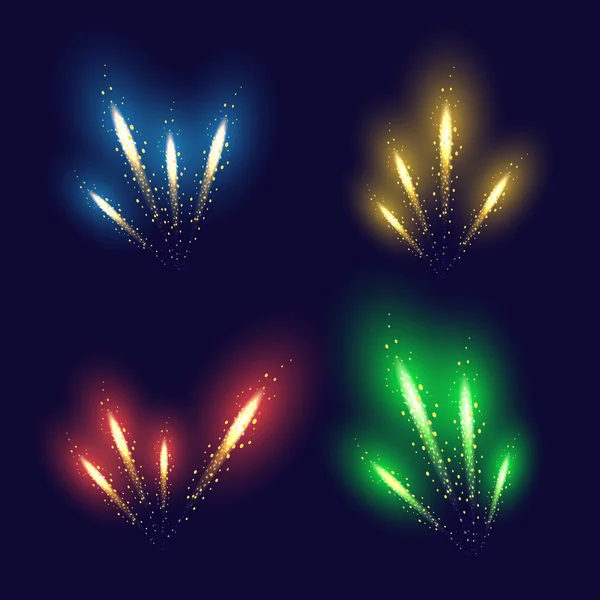 Conjunto de 4 fuegos artificiales realistas diferentes colores — Vector de stock