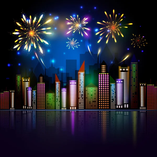 Night City Skyline com fogos de artifício — Vetor de Stock