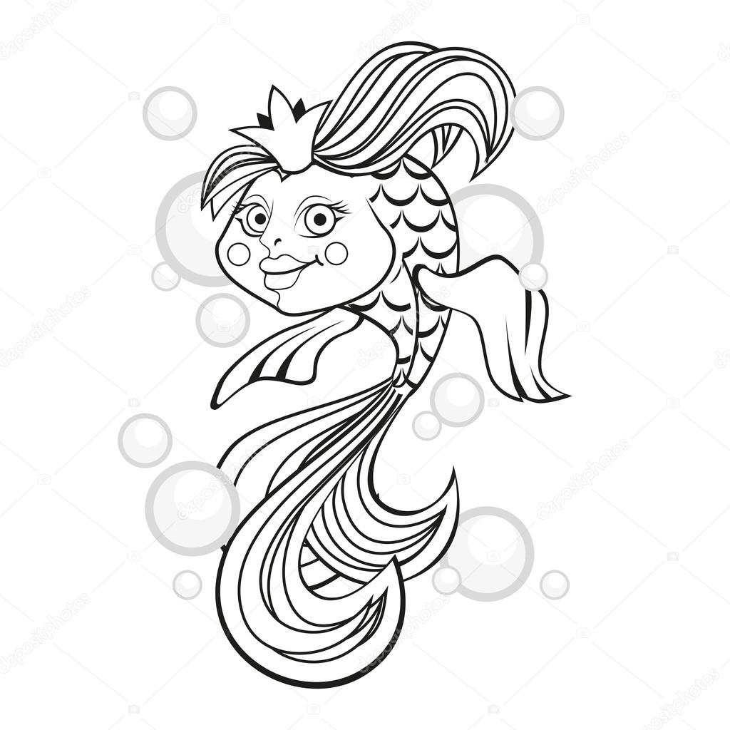 Goldfish with bubbles. Vector black and white illustration.