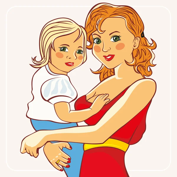 A mãe segura a criança em seus braços. Ilustração vetorial . — Vetor de Stock