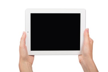 Tablet ve beyaz arka plan üzerinde eller
