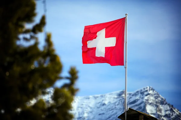 Switzerland flag Over Swiss Mountains — Stock Photo, Image