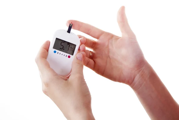 Dependent first type Diabetes patient measuring glucose level blood test — Stock Photo, Image