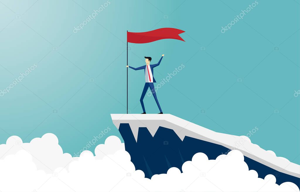 Businessman climb to the top of the mountain. Leader holding a flag announcing success on the cliff and reach the goal. Business concept of leadership. Achievement, Vision 