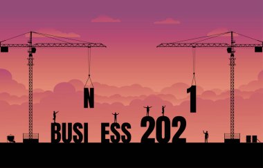 İş finans geçmişi. İnşaat alanı vinci bir iş metni fikri üretiyor. Yeni yıl 2021 'de iş. Vektör siluet çizimi tasarımı