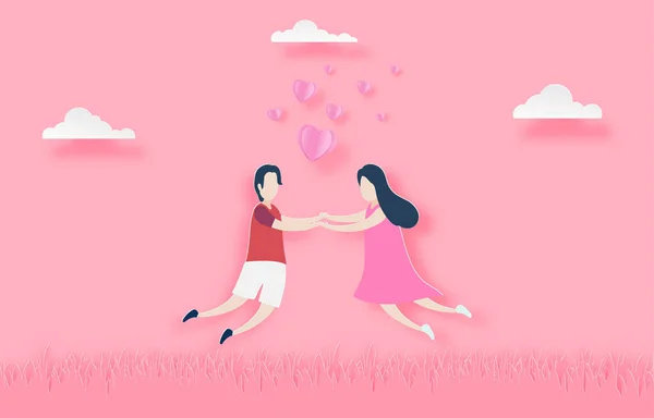 Preciosa Pareja Alegre Corazón Sobre Fondo Rosa Concepto Diseño Para — Archivo Imágenes Vectoriales