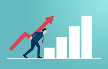 Concept of leadership and career. cartoon character businessman climbing up the ladder with arrows for a symbol of success. achieve goals in business in work. vector illustration flat.