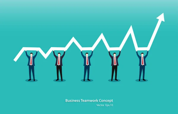 Business teamwork concept. Team of five people standing and holding indicator of growth and development in common business on raised hands. Vector illustration flat