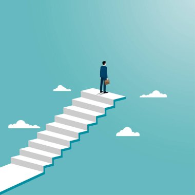 İş adamı başarı vektörü konsepti. Merdivenin tepesinde duran bir adam. Başarı sembolü, liderlik, kariyer başarısı. Çizim vektörü düz.