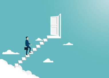 Businessman walking on up to the ladder open the door to success. Leadership and success concept. Business finance. Vision, Achievement, Target, Career. Vector illustration flat vector Businessman walking on up to the ladder open the door to success. Leadership and success concept. Business finance. Vision, Achievement, Target, Career. Vector illustration flat vector