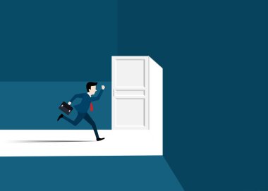 Businessman in suit running to the opened door. Man opens door looking for work. Business success concept. Motivation and startup concept. Beginning of business career. Vector illustration flat design vector Businessman in suit running to the opened door. Man opens door looking for work. Business success concept. Motivation and startup concept. Beginning of business career. Vector illustration flat design vector