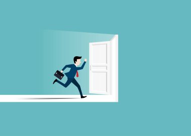 Businessman in suit running to the opened door. Man opens door looking for work. Business success concept. Motivation and startup concept. Beginning of business career. Vector illustration flat design vector Businessman in suit running to the opened door. Man opens door looking for work. Business success concept. Motivation and startup concept. Beginning of business career. Vector illustration flat design vector