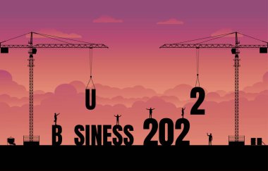 İş finans geçmişi. İnşaat alanı vinci bir iş metni fikri üretiyor. Yeni yıl 2022 'de iş. Vektör siluet çizimi tasarımı
