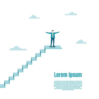 Happy businessman stands on the top of the stair. Business concept of goals, Success, Ambition, Opportunity, achievement, Challenge, Success for the businessman. Vector illustration flat