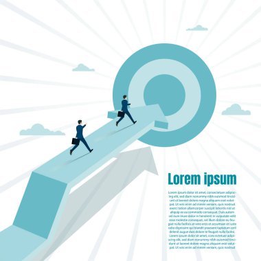 Okun üzerinde koşan işadamı hedefin içinden geçiyor. İş hedefi ve başarı hedefi kavramı. Liderliğin sembolü. Kariyer, Başarı, Hırs. Vektör illüstrasyon düzlüğü