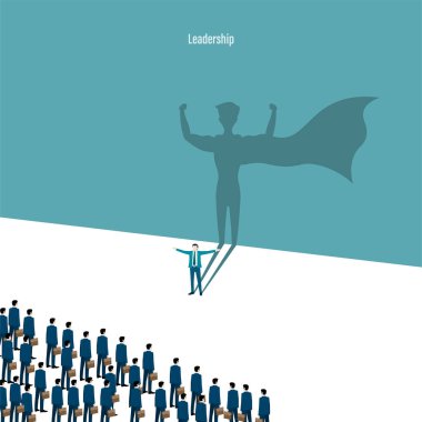 Liderlik kavramı. Süper kahraman gölgesi olan bir iş adamı. Hırsın, motivasyonun, liderliğin ve mücadelenin sembolü. İşçi finans ekibi ilerlemeye devam etsin. Güçlü takım. Vektör illüstrasyon düzlüğü