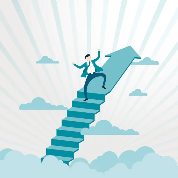 Homem Negócios Feliz Escada Superior Sucesso Visão Liderança Conceito Mercado — Vetor de Stock