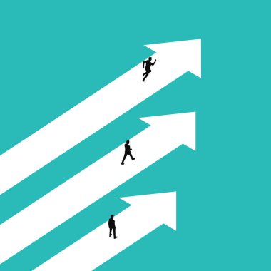 Yükselen oklar üzerinde yürüyen iş adamlarının asgari vektör çizimi iş büyümesini, kariyer yönünü, rekabeti ve başarı yolunda stratejik ilerlemeyi temsil ediyor.