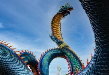 Kral Naga ve Beyaz Buda heykeli Wat Roi Phutthabat Phu Manorom, Mukdahan, Tayland