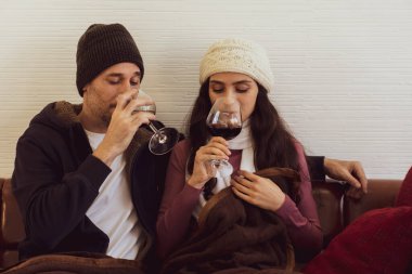 Genç beyaz bir çift, gülen yüzlü, kanepede yan yana oturan ve kışın evde kırmızı şarap içen. Mutlu aile kavramı