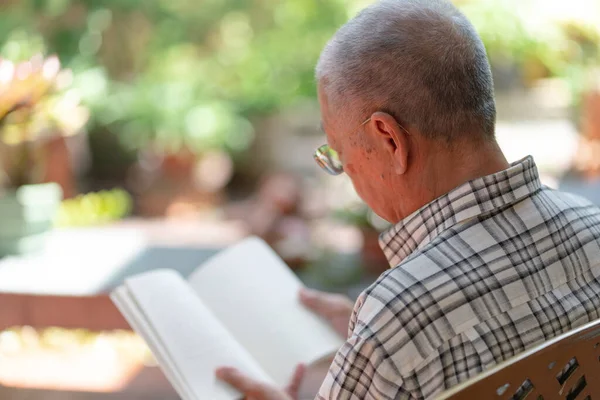 senior asian retired man sitting on bench and reading book at home backyard during free time