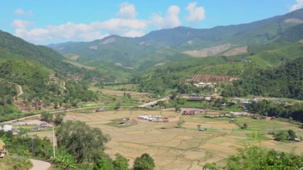 Çeltik Pirinç Tarlasının Mavi Gökyüzünün Altındaki Dağdan Sonraki Manzarası — Stok video