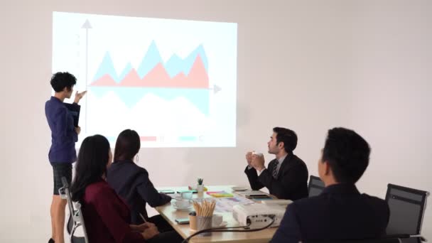 Muda Caucasian Pitching Ide Ide Bisnis Untuk Pelanggan Ruang Pertemuan — Stok Video