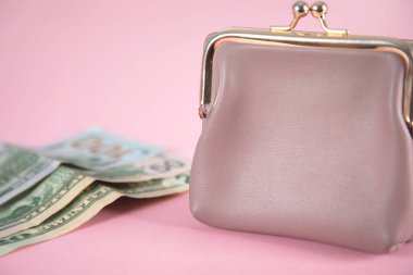 Cüzdan ve para pembe arka planda