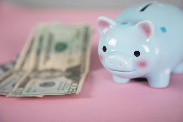 money with piggy bank on the pink background