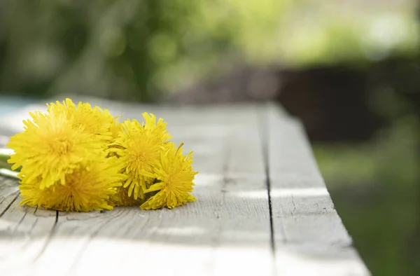 Yellow Flower Wooden Table Garden — Stock Photo, Image