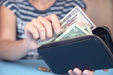 Cüzdanı ve parası olan genç bir kadın.