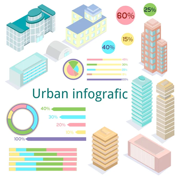 Infografico urbano. Construção à vista isométrica . — Vetor de Stock