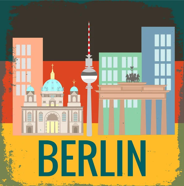 Atracciones Berlín sobre bandera alemana fondo grunge textura — Vector de stock