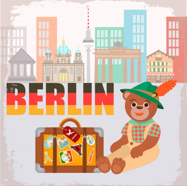 Bear Traveler în Berlin și o valiză cu autocolante de jur împrejur — Vector de stoc