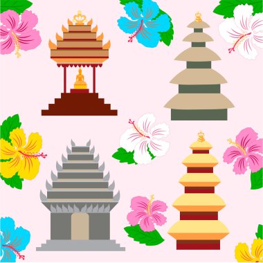 Endonezya pagoda ve hibiscus çiçek