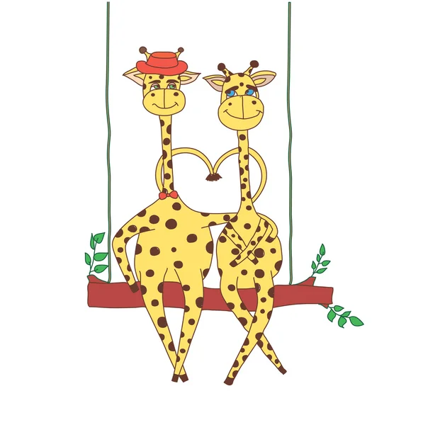 Carte pour Valentines Couple embrassant girafe sur swing — Image vectorielle